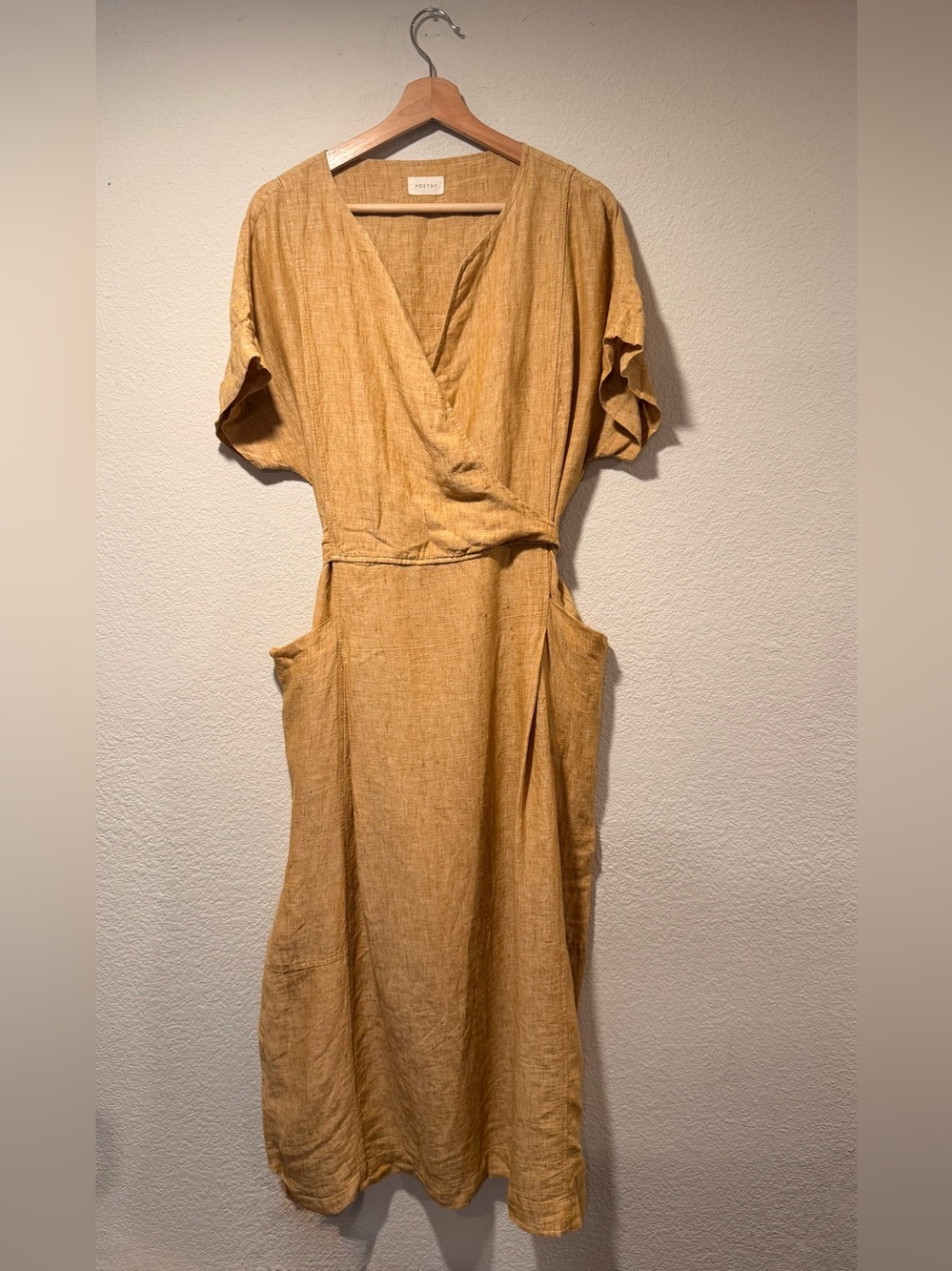 POETRY Tie Back Mustard Wrap Dress in High Twist Linen